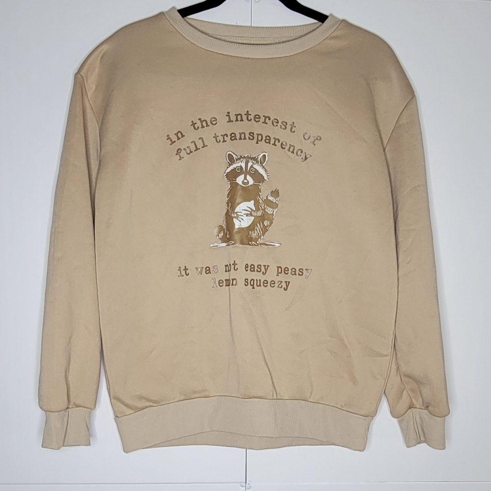 Beige Graphic Crewneck Sweatshirt Raccoon Print Size M Cozy Pullover